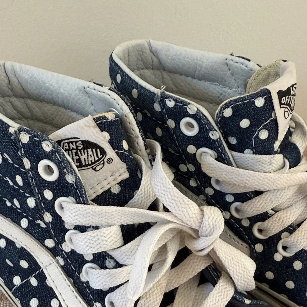 Vans Kids' denim navy and White Polka Dot Sneakers size 1 kids youth high top